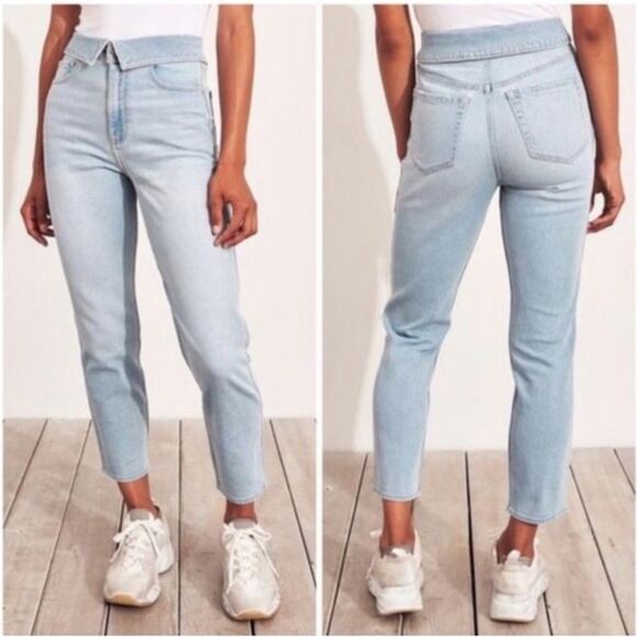 Hollister Vintage Stretch Fold Over Ultra High Rise Mom Jean Light Wash Denim 25 - Picture 1 of 16